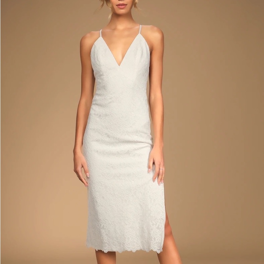 LULUS Stunning Entrance White Lace Sleeveless Midi Dress floral lacy high slit